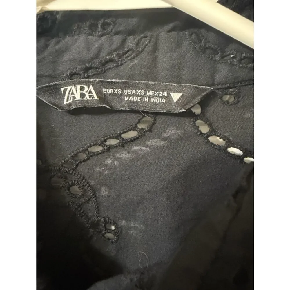 Zara Black Embroidery Eyelet Crop Button Down Top(Size XS)